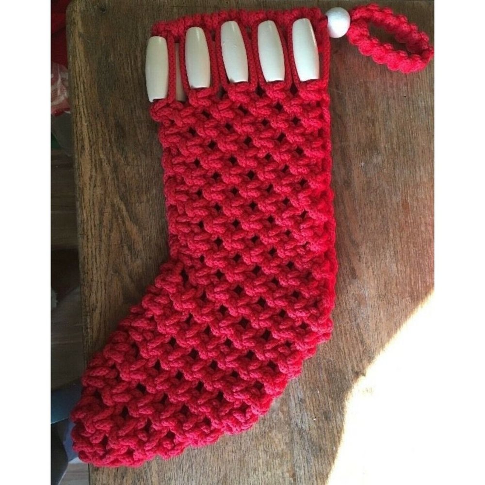 Vintage Macrame red beaded Christmas stocking decor
